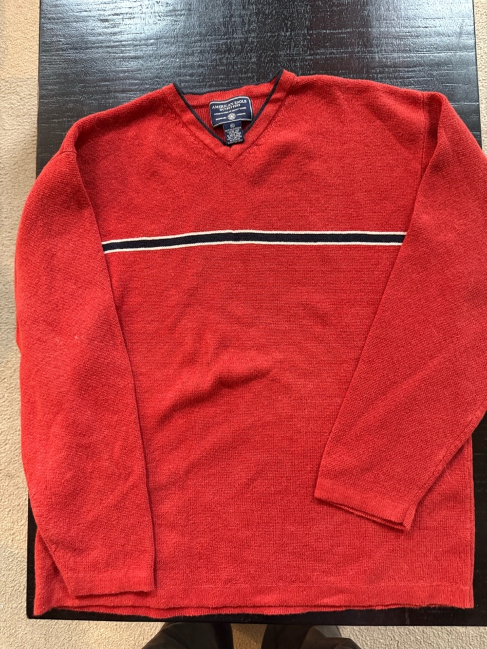 American Eagle Outfitters Dark Orange V-Neck Sweater with Chest Stripe